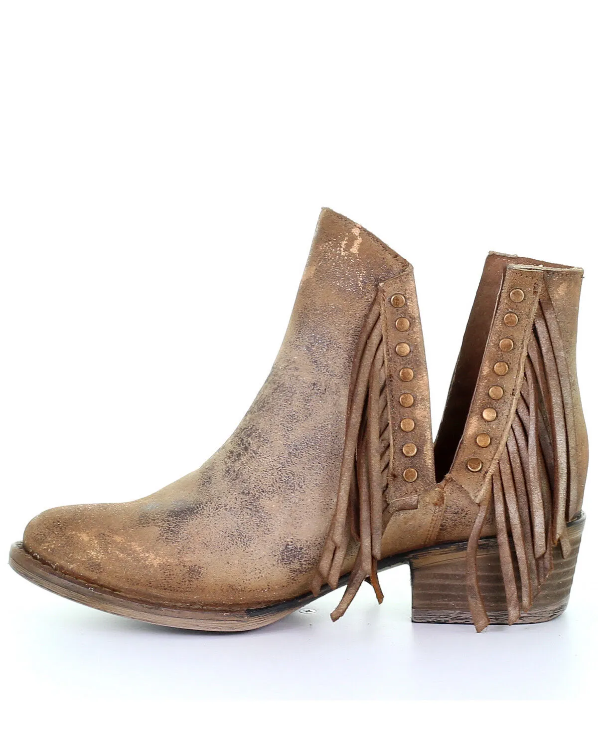 Circle G Women's Brown Studded Fringe Booties - Round Toe