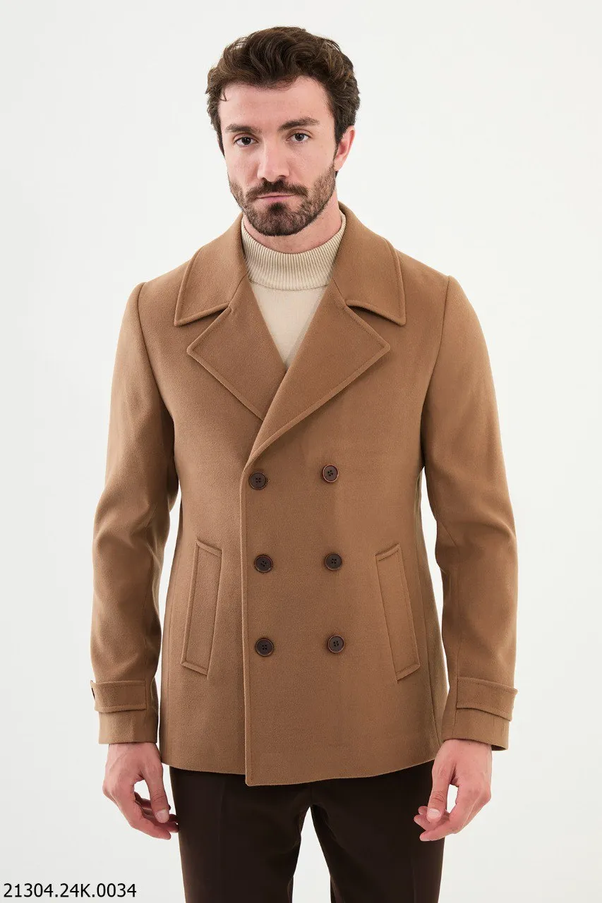 Classic Men's Camel Asymmetrical Button Peacoat.