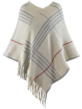 Classic Plaid Print Knit Poncho With Fringe