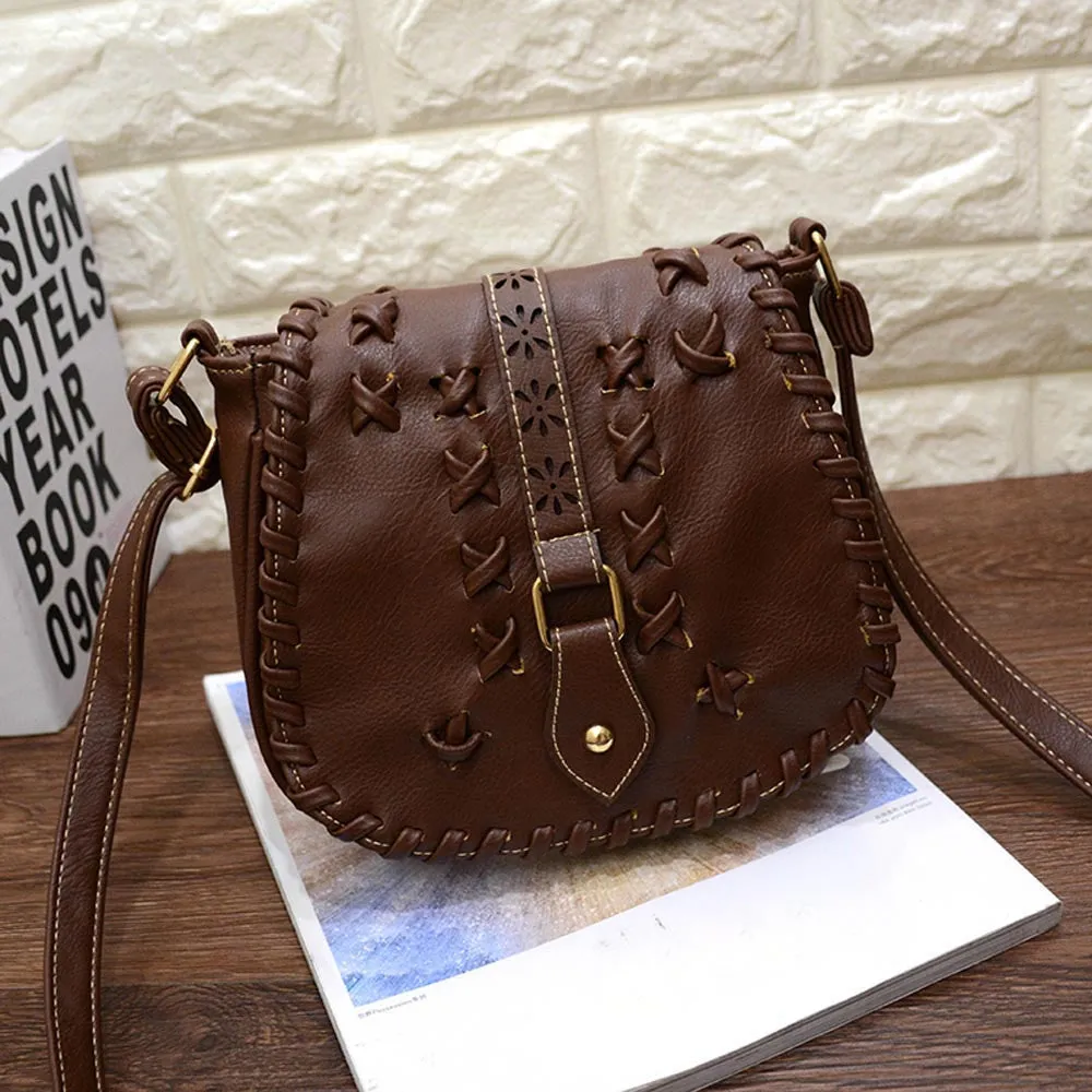 Crossbody Bag Women Vintage PU Leather Handbag Hollow Out Messenger Saddle Shoulder Bags bolsos femenina