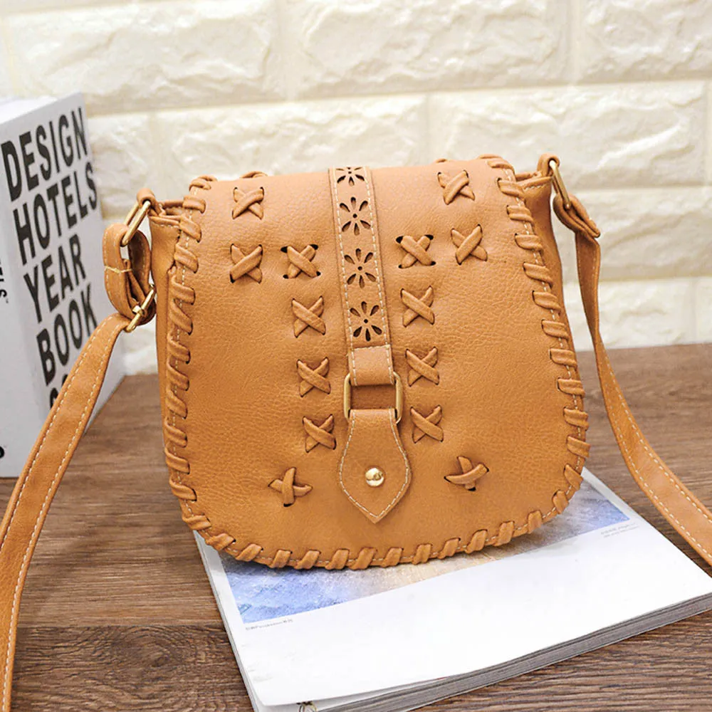 Crossbody Bag Women Vintage PU Leather Handbag Hollow Out Messenger Saddle Shoulder Bags bolsos femenina