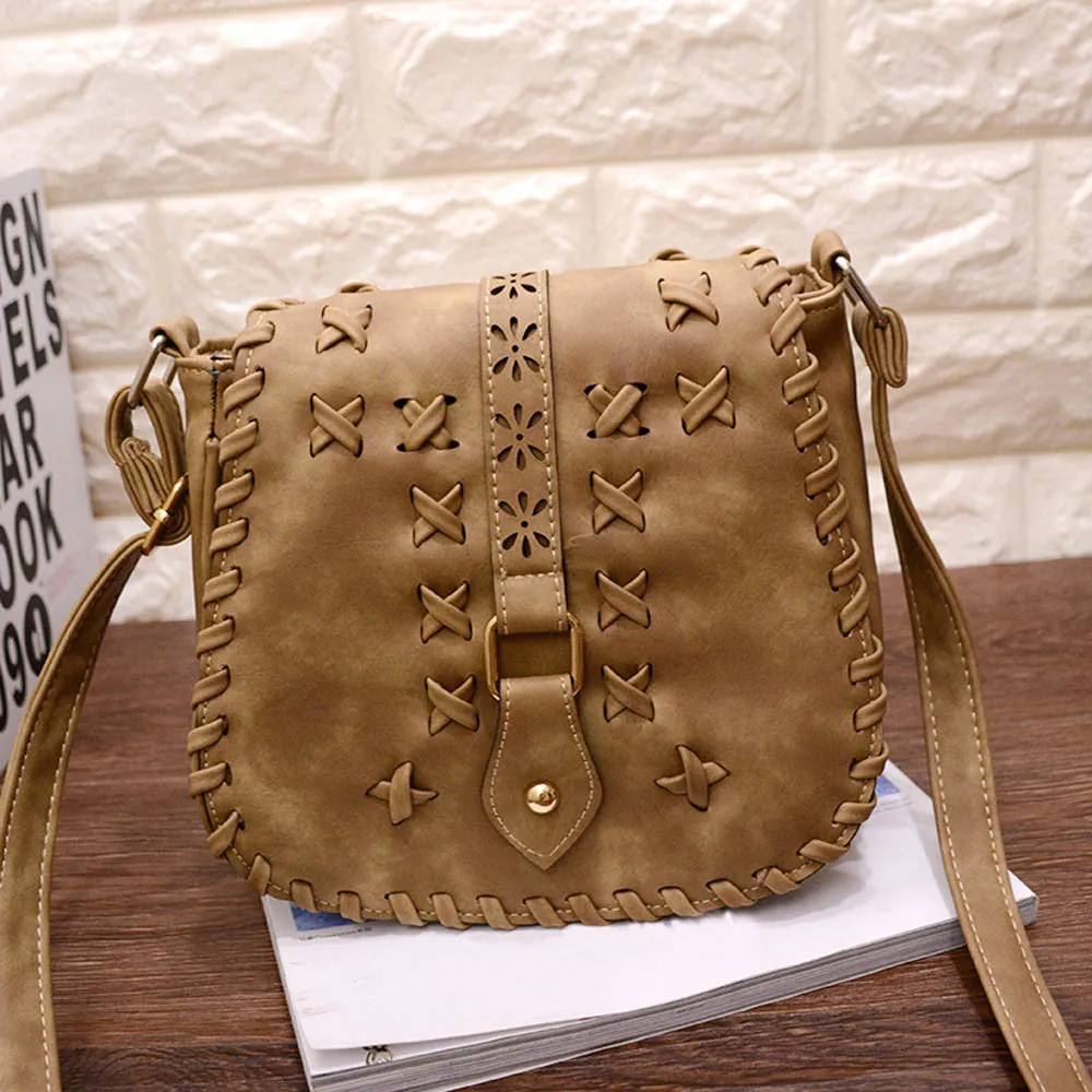 Crossbody Bag Women Vintage PU Leather Handbag Hollow Out Messenger Saddle Shoulder Bags bolsos femenina