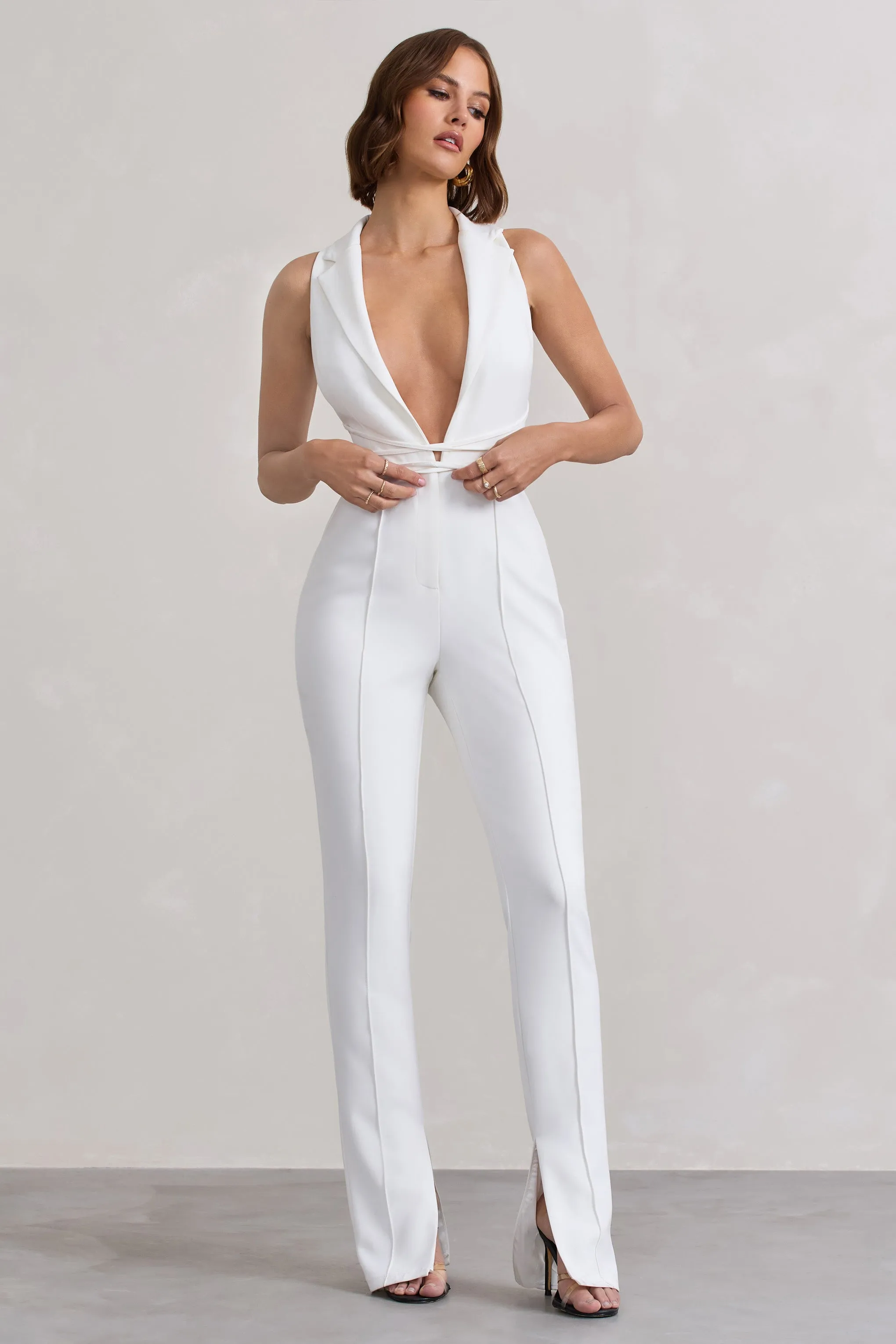 Darcy | White Plunge Neck Tailored Jumpsuit With Tie Detail