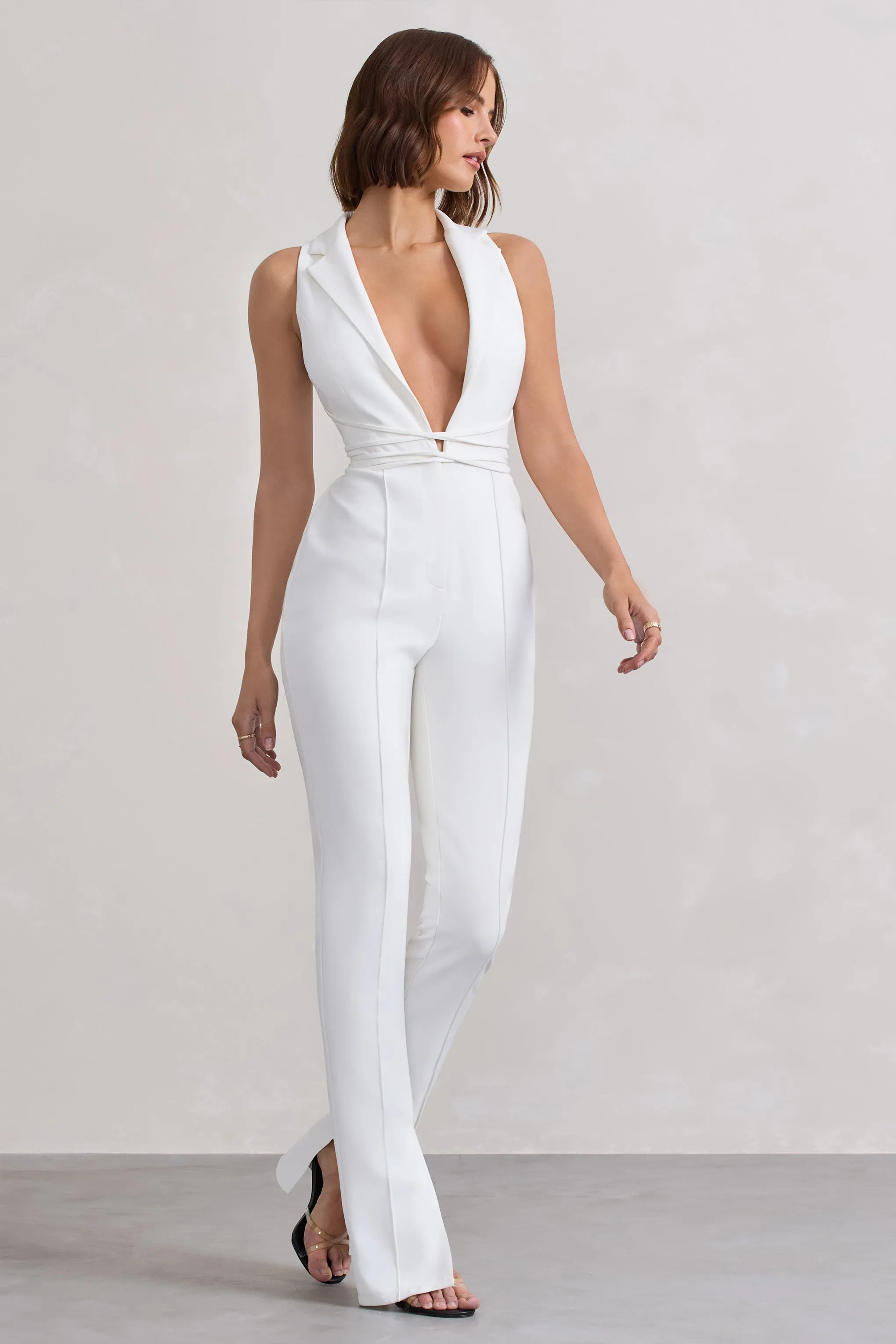 Darcy | White Plunge Neck Tailored Jumpsuit With Tie Detail