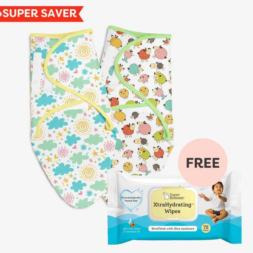 Dry Feel Swaddle Wrap (Ba Ba Sheep and Happy Clouds) and FREE XtraHydrating Wipes - 72 pack