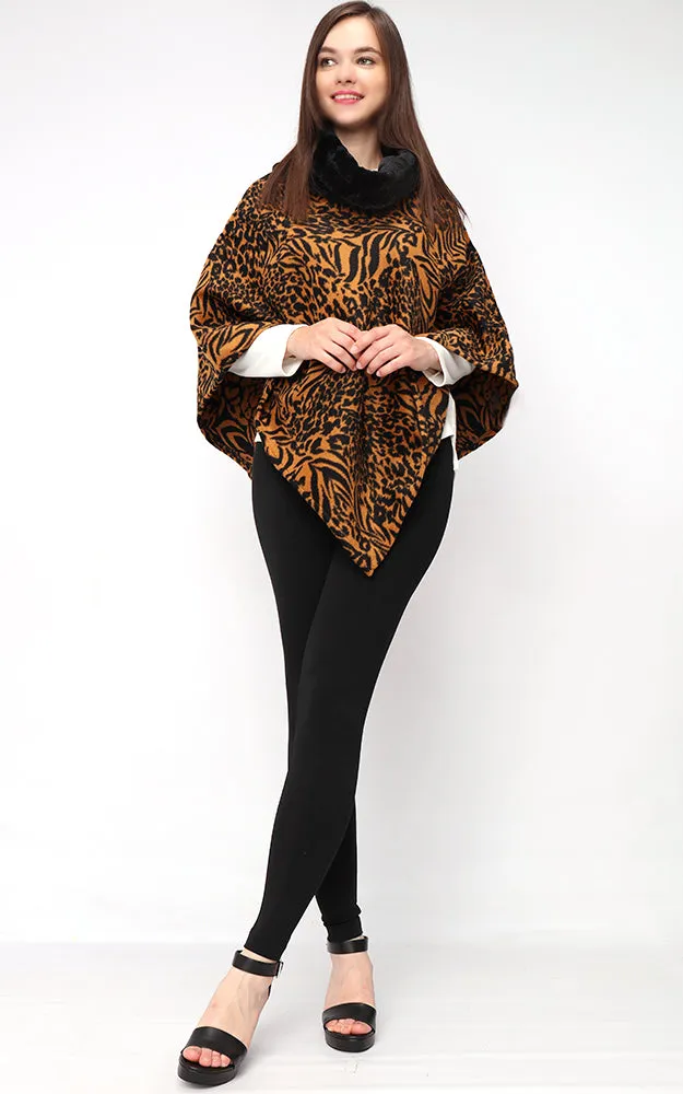 EAP9395 Animal Print Faux Fur Cowl Neck Poncho