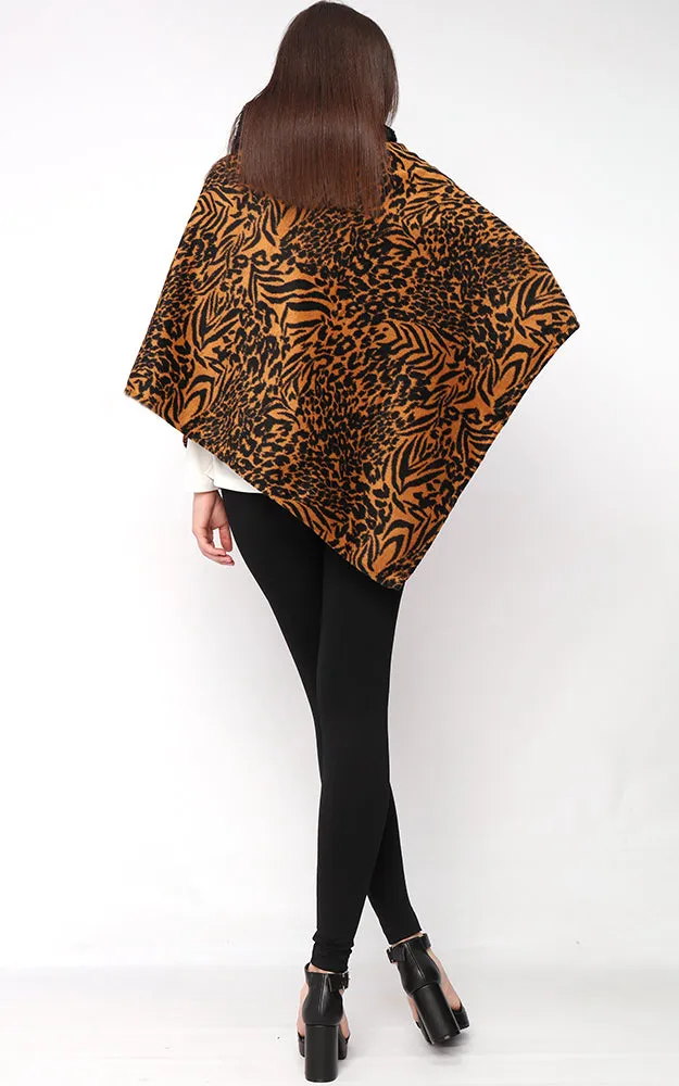 EAP9395 Animal Print Faux Fur Cowl Neck Poncho