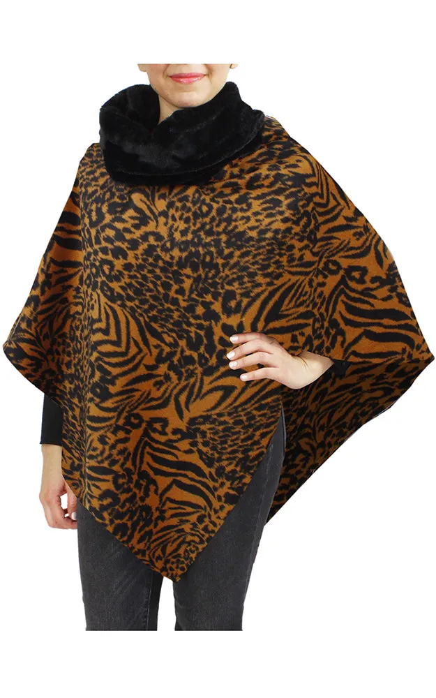 EAP9395 Animal Print Faux Fur Cowl Neck Poncho