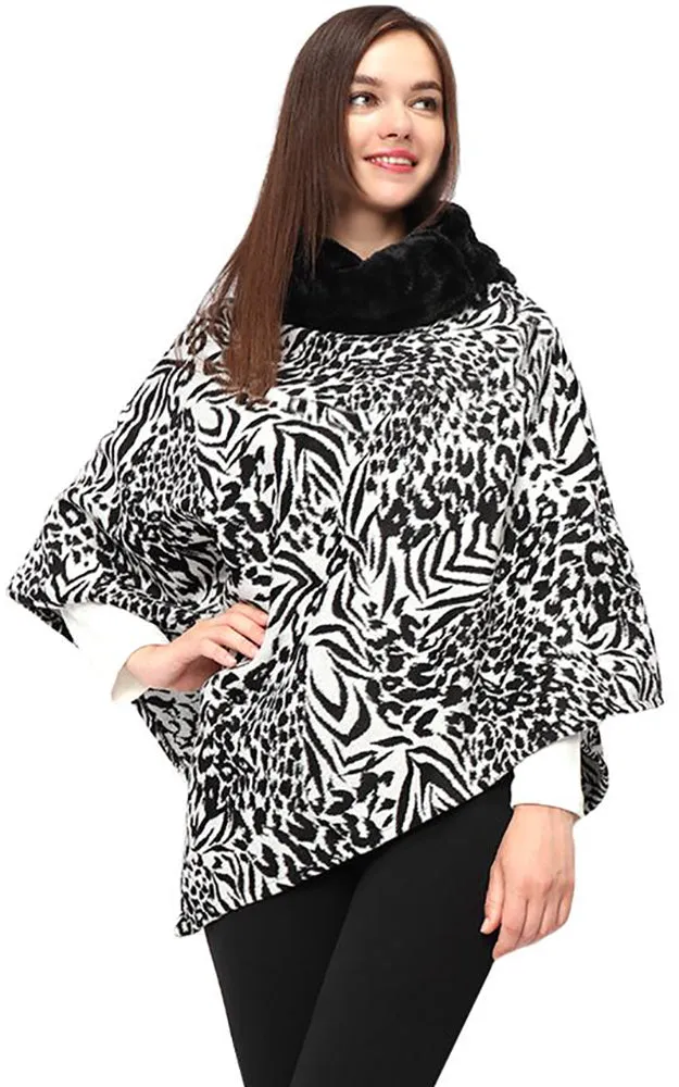 EAP9395 Animal Print Faux Fur Cowl Neck Poncho