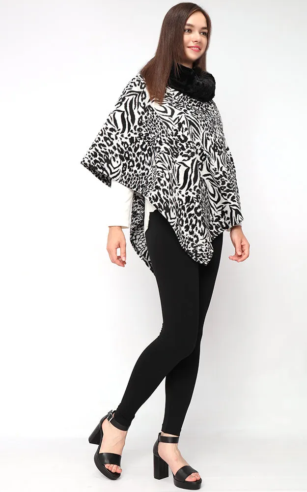 EAP9395 Animal Print Faux Fur Cowl Neck Poncho