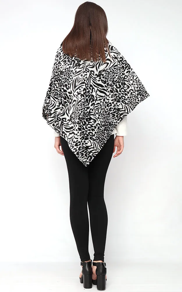 EAP9395 Animal Print Faux Fur Cowl Neck Poncho