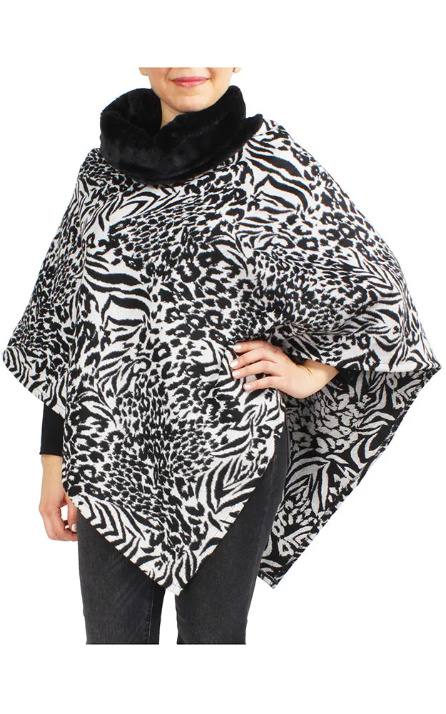 EAP9395 Animal Print Faux Fur Cowl Neck Poncho