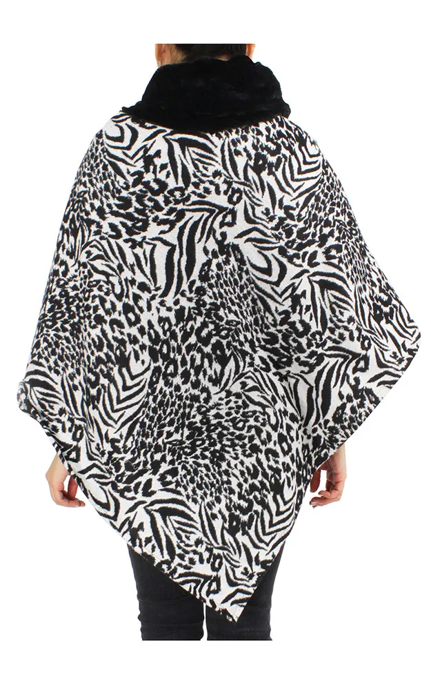 EAP9395 Animal Print Faux Fur Cowl Neck Poncho