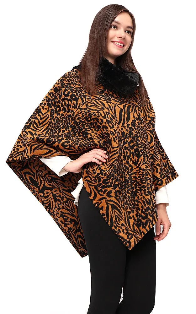 EAP9395 Animal Print Faux Fur Cowl Neck Poncho