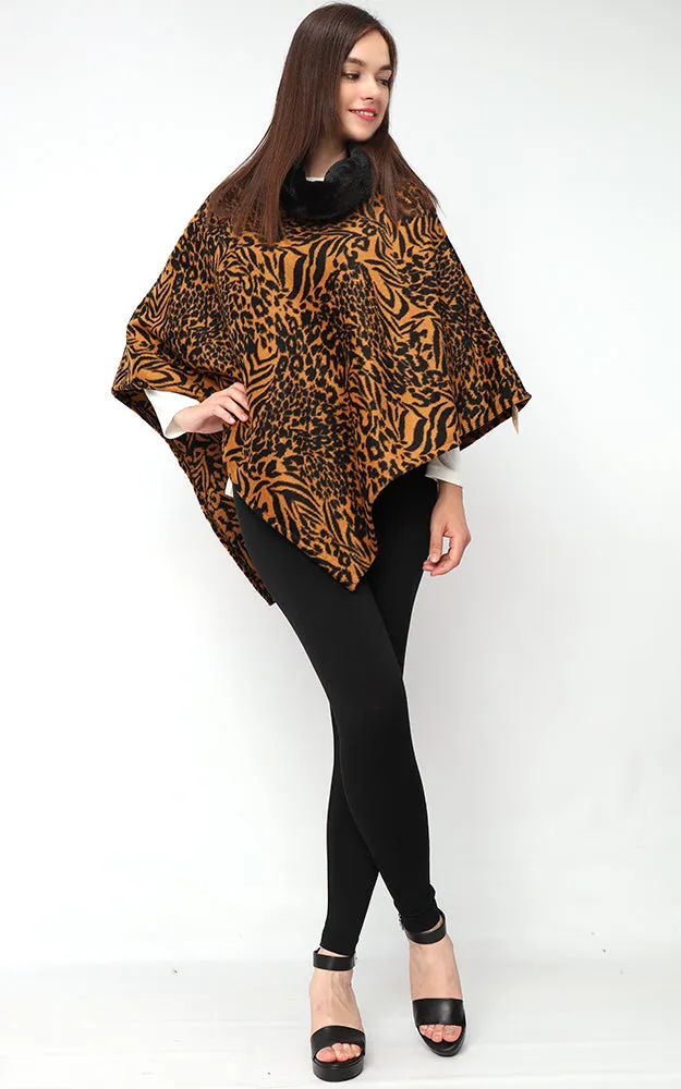 EAP9395 Animal Print Faux Fur Cowl Neck Poncho