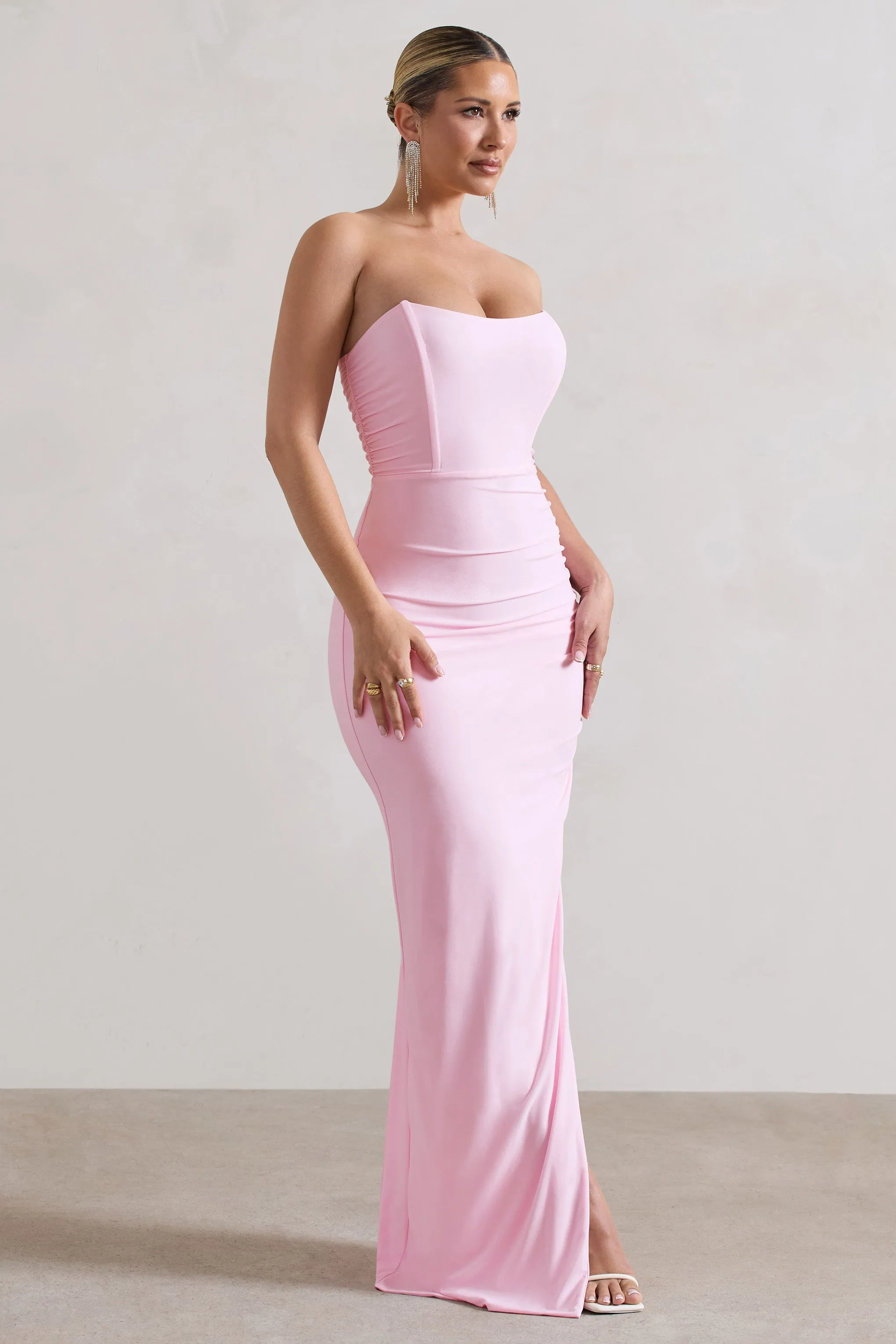 Eletta | Pink Ruched Bandeau Asymmetric Maxi Dress