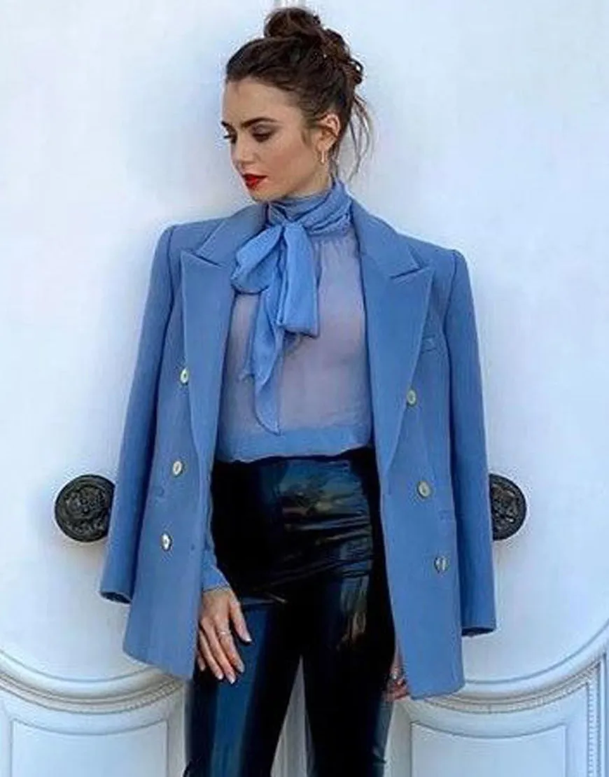 Emily In Paris S02 Lily Collins Blue Peacoat | Emily Cooper Blue Peacoat