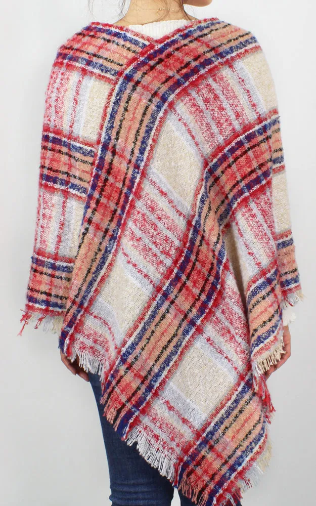 EPC10022 Plaid Woven Poncho with Short Trim