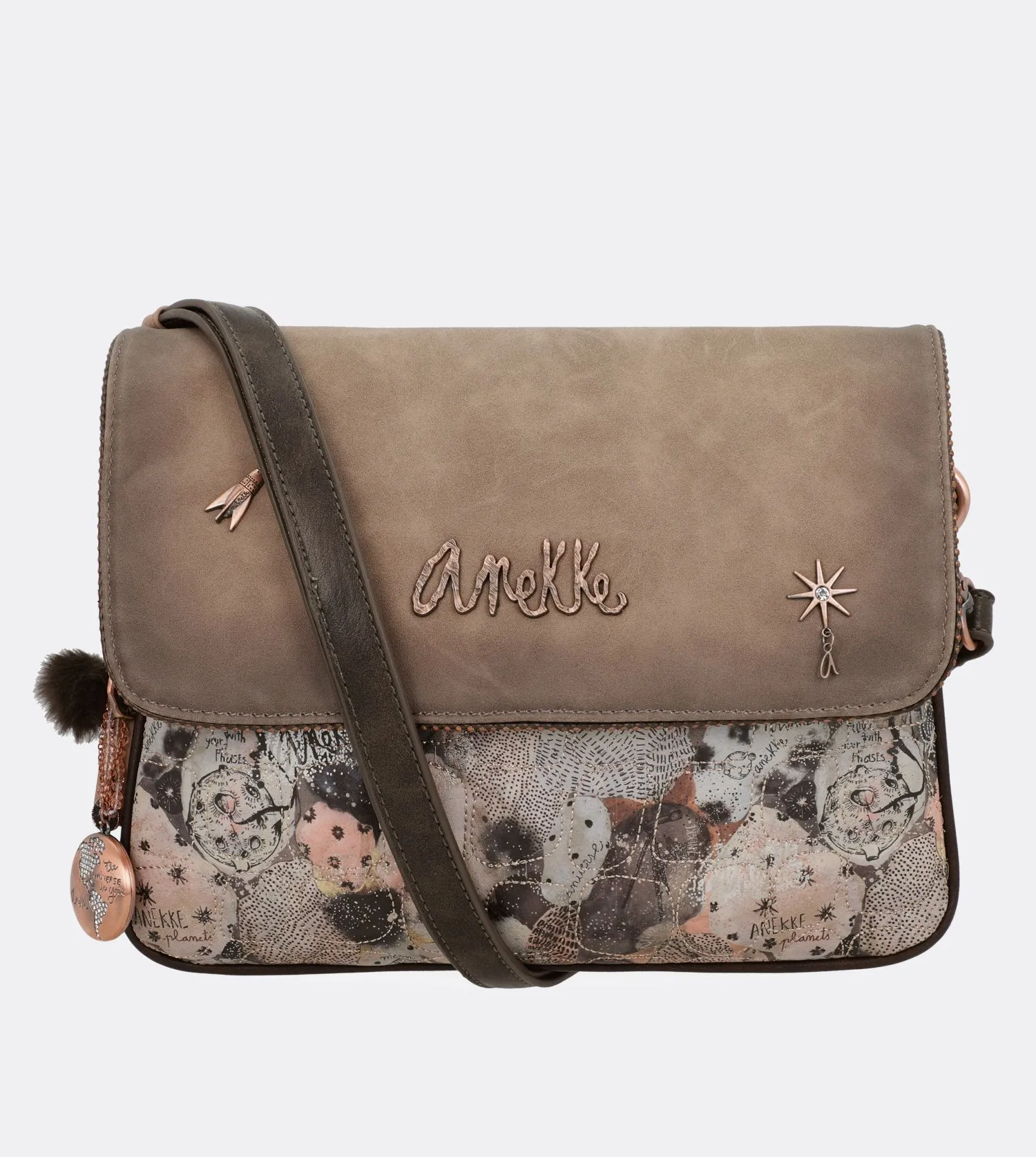 Exquisite universe crossbody bag with a flap closure