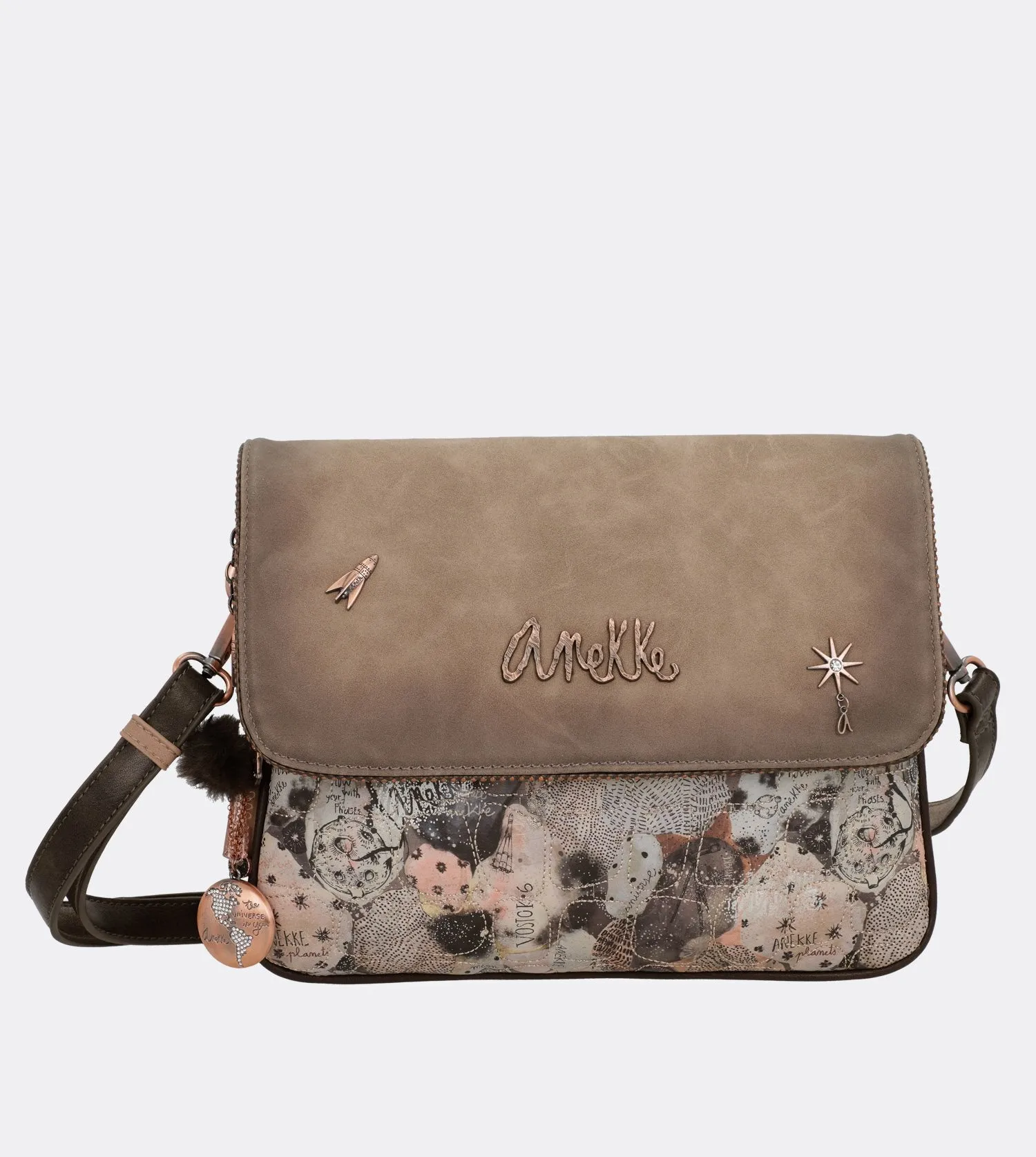 Exquisite universe crossbody bag with a flap closure