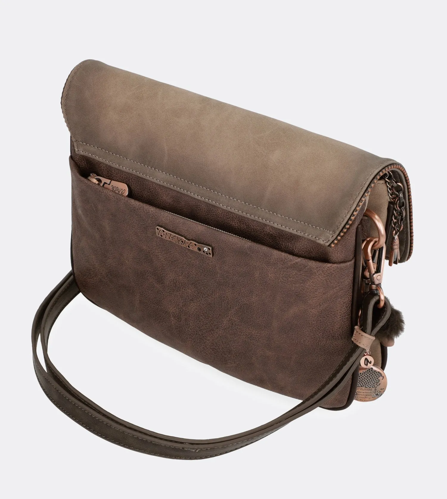 Exquisite universe crossbody bag with a flap closure