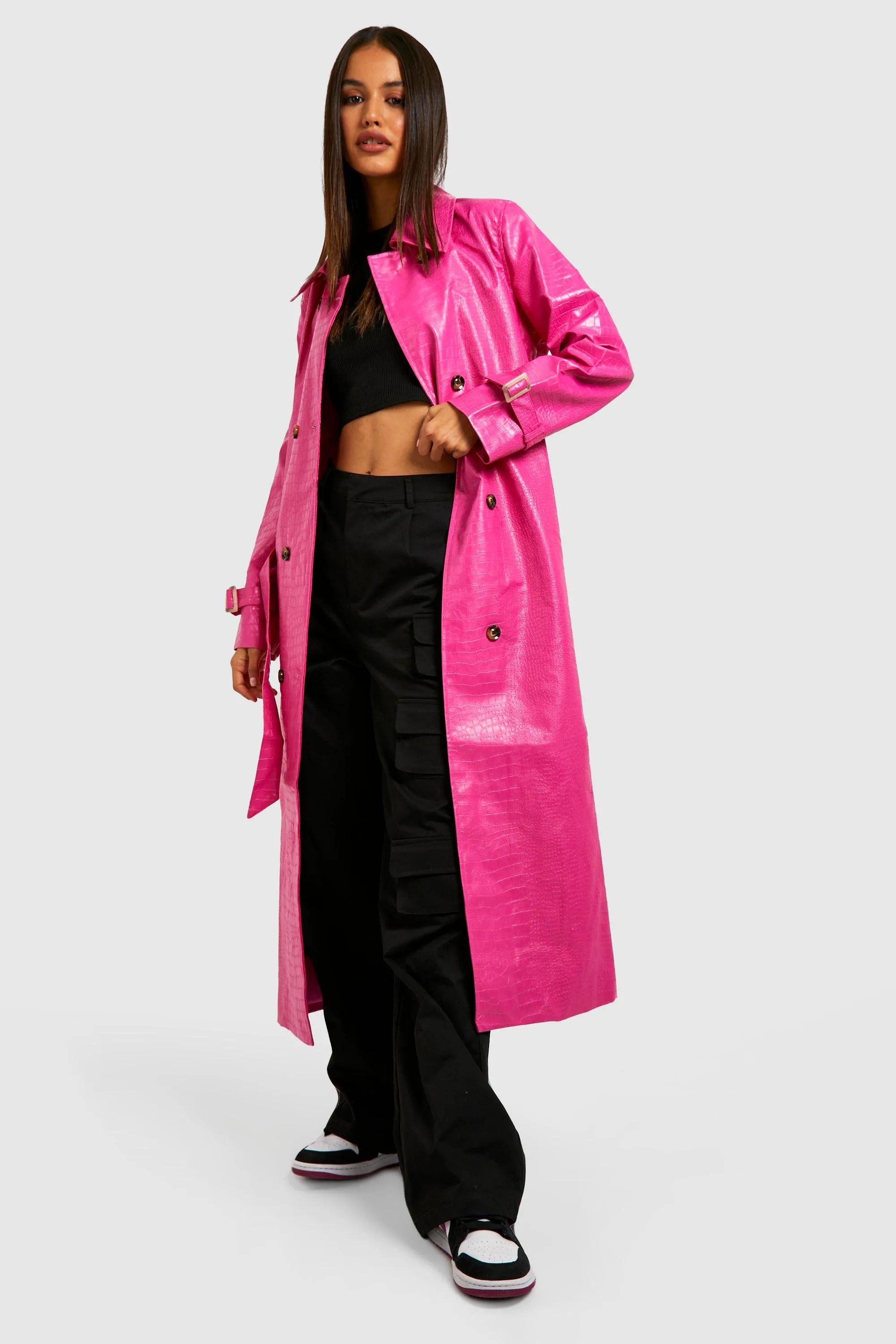 Faux Leather Longline Trench Coat