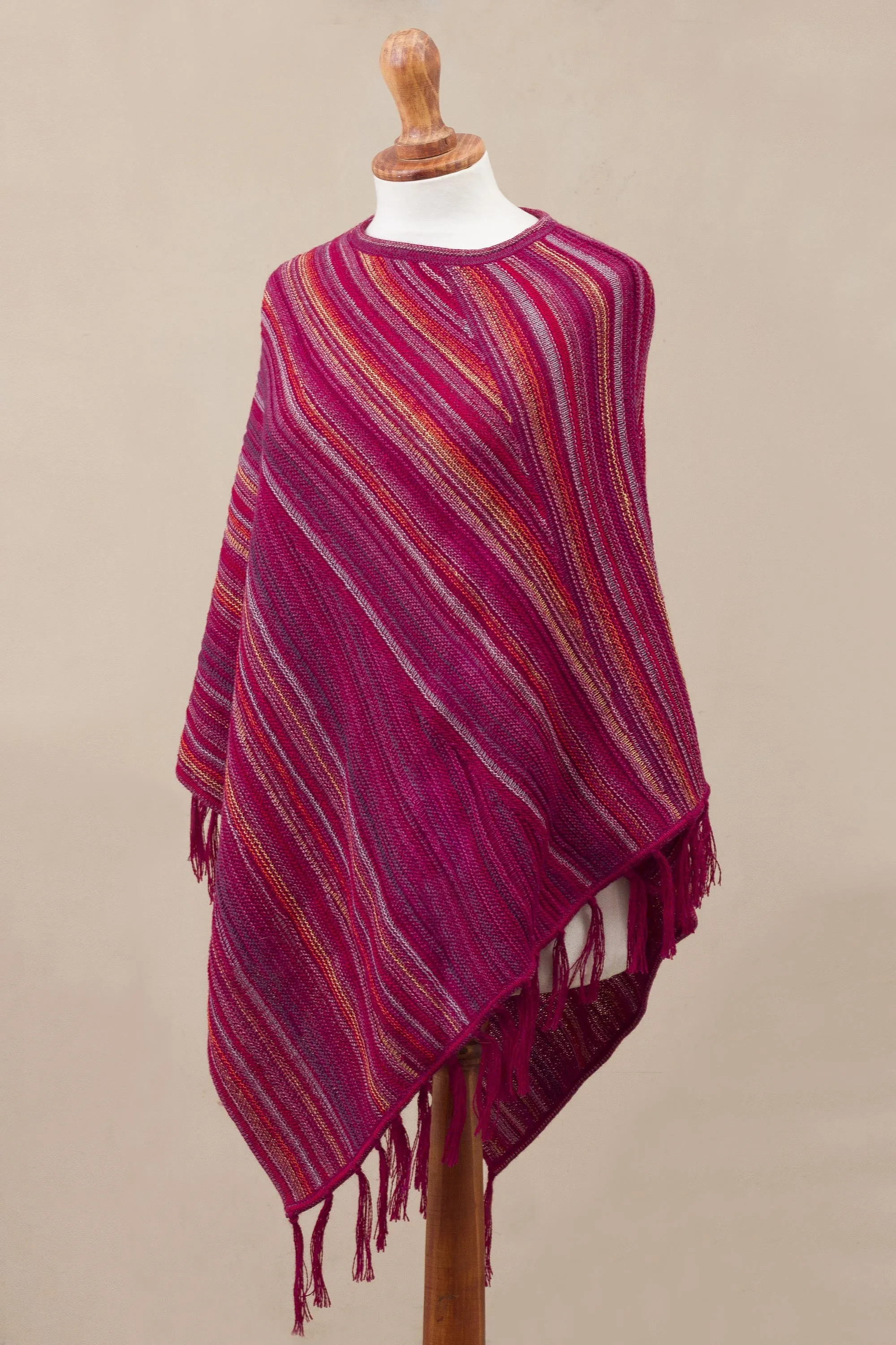 Festive Flair 100% Alpaca Knit Poncho Fuchsia with Stripes and Tassels