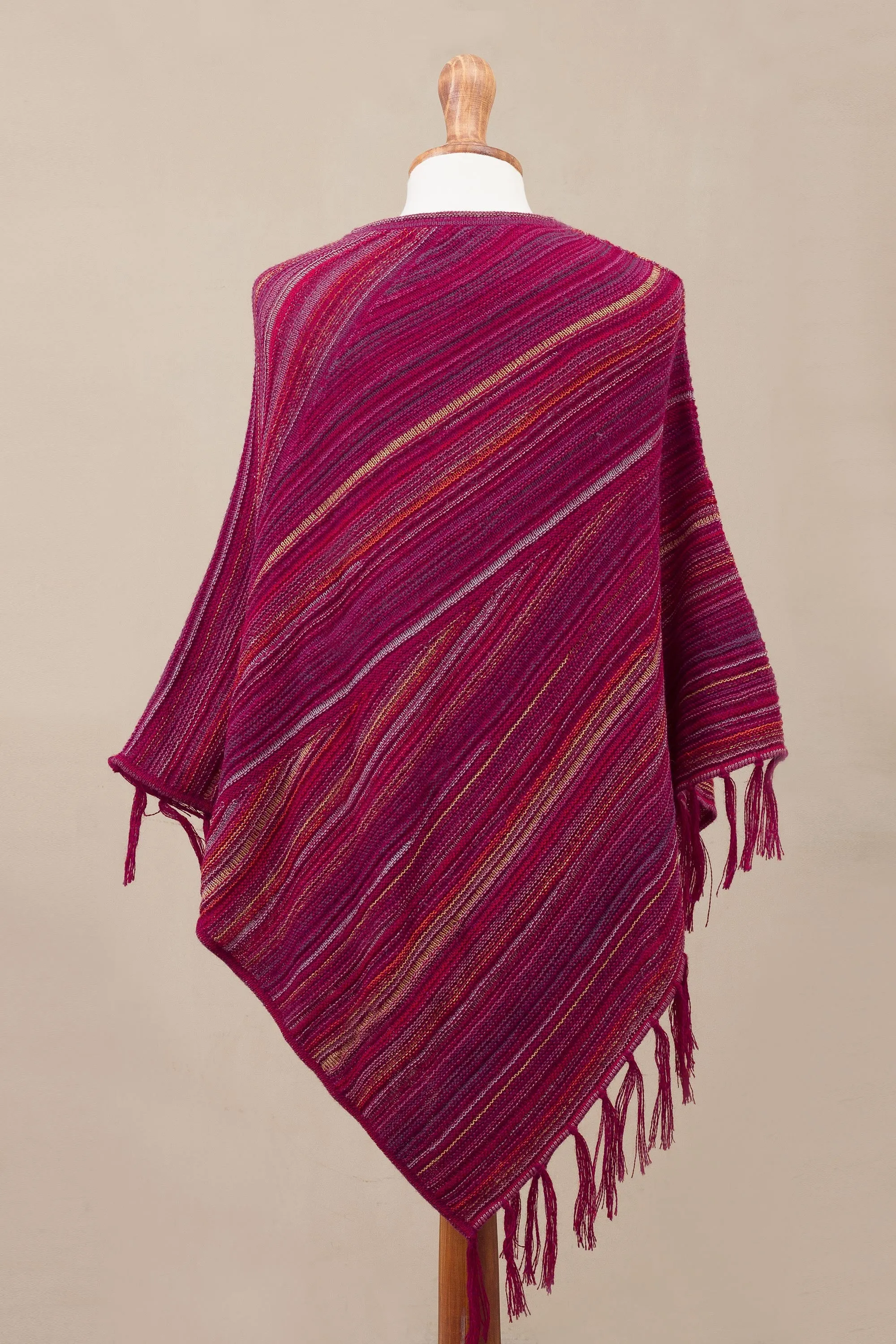 Festive Flair 100% Alpaca Knit Poncho Fuchsia with Stripes and Tassels