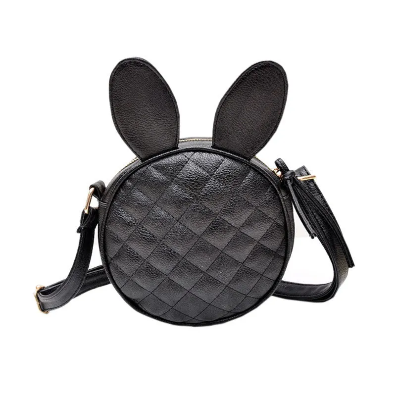 Goforward Women Girl able Rabbit Ear Round Artificial Leather Black Hbag Portable Shoulder Messenger Mini Bag