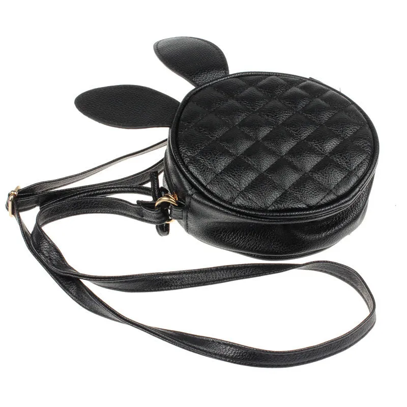 Goforward Women Girl able Rabbit Ear Round Artificial Leather Black Hbag Portable Shoulder Messenger Mini Bag