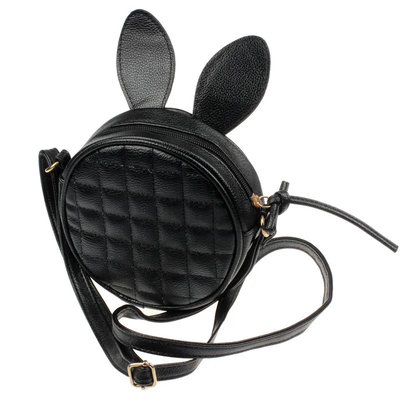 Goforward Women Girl able Rabbit Ear Round Artificial Leather Black Hbag Portable Shoulder Messenger Mini Bag