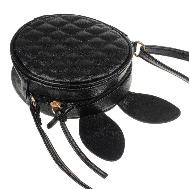 Goforward Women Girl able Rabbit Ear Round Artificial Leather Black Hbag Portable Shoulder Messenger Mini Bag