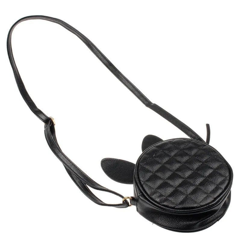 Goforward Women Girl able Rabbit Ear Round Artificial Leather Black Hbag Portable Shoulder Messenger Mini Bag