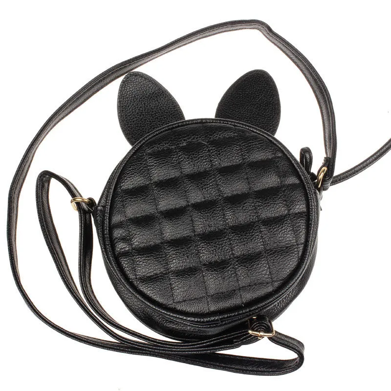 Goforward Women Girl able Rabbit Ear Round Artificial Leather Black Hbag Portable Shoulder Messenger Mini Bag