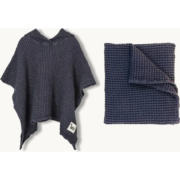 Happymess Set of 2 Waffle Blanket, Blueberry + Linen Waffle Poncho, Blueberry