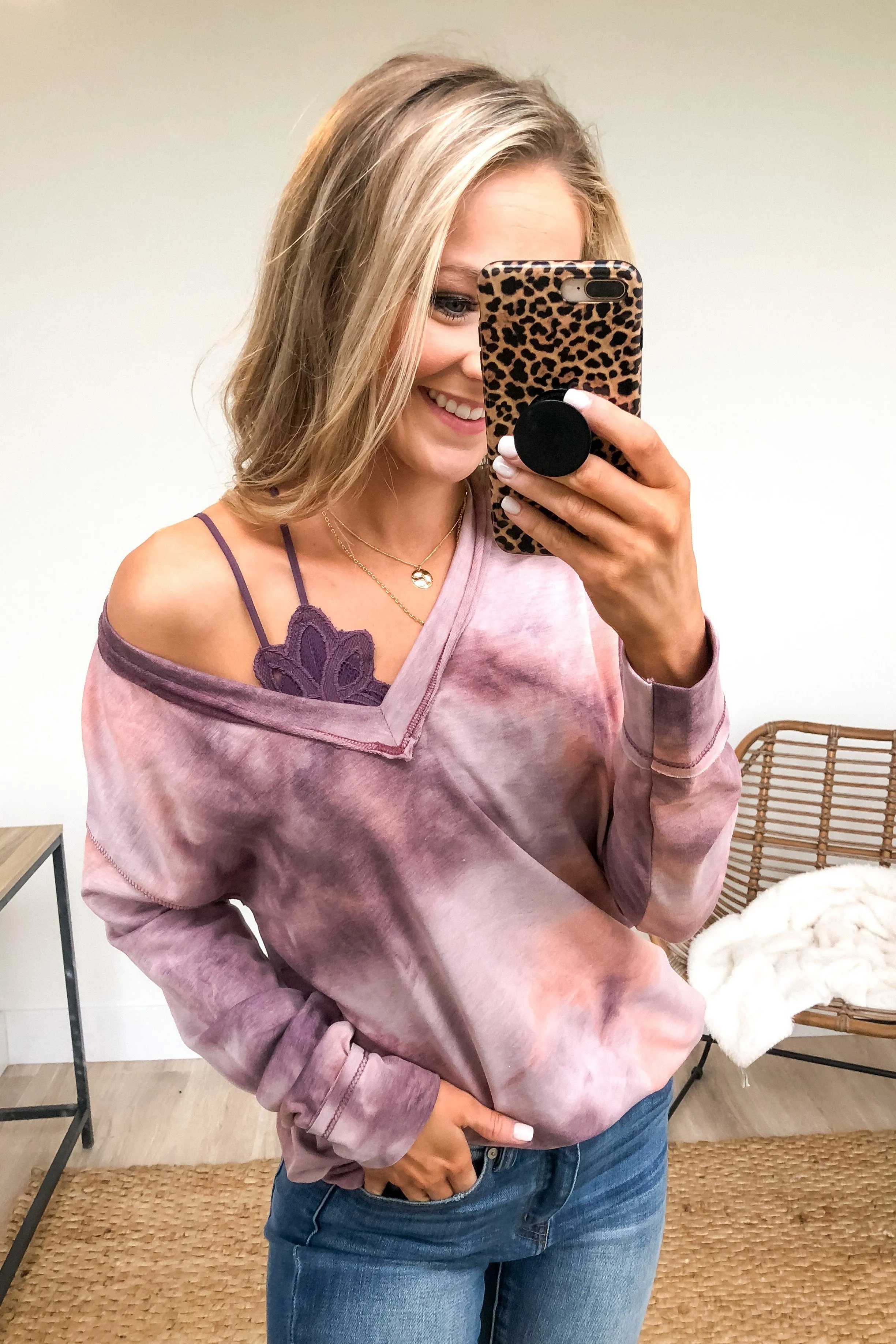 Heart Beats For You Tie Dye Pullover- Purple & Dusty Peach