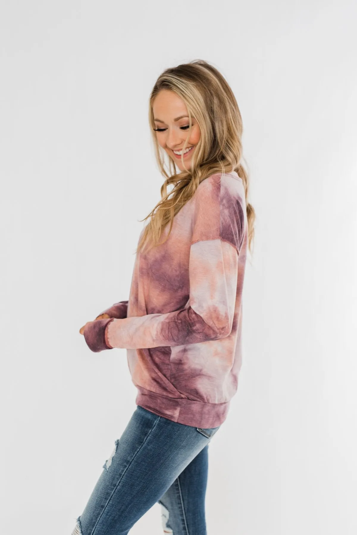 Heart Beats For You Tie Dye Pullover- Purple & Dusty Peach