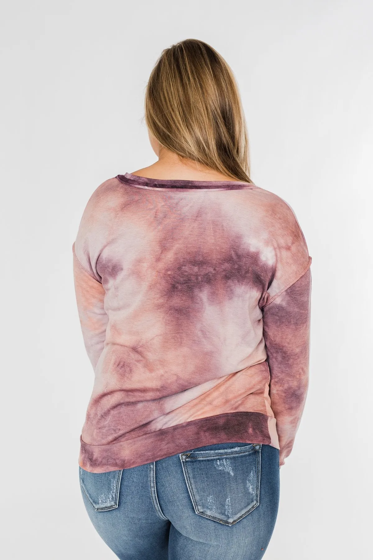 Heart Beats For You Tie Dye Pullover- Purple & Dusty Peach