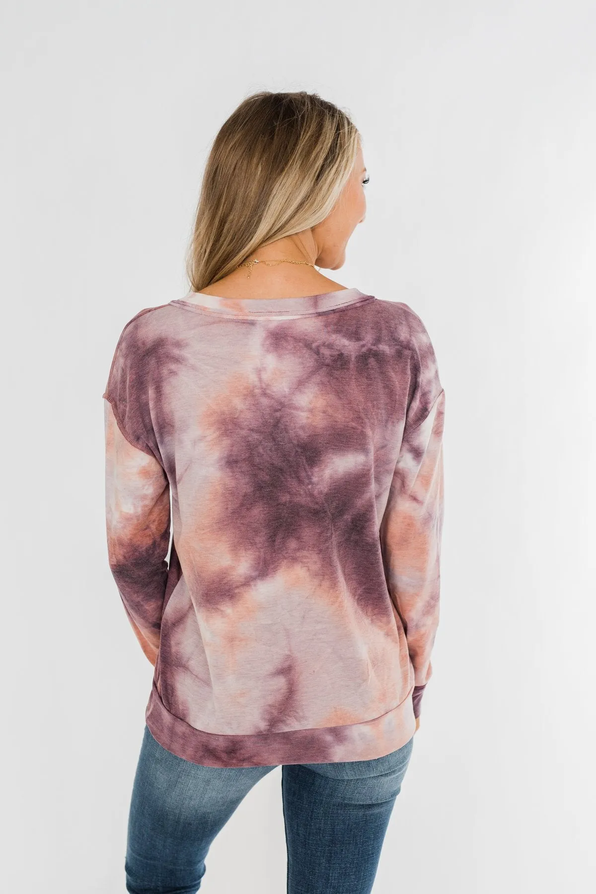 Heart Beats For You Tie Dye Pullover- Purple & Dusty Peach