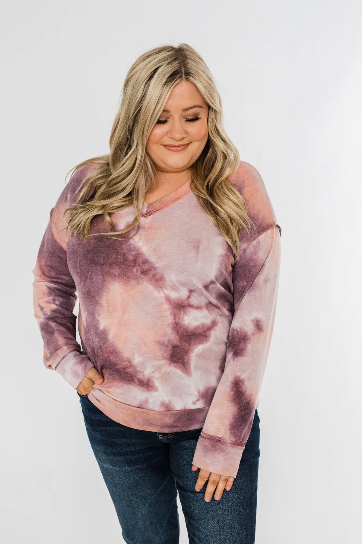 Heart Beats For You Tie Dye Pullover- Purple & Dusty Peach