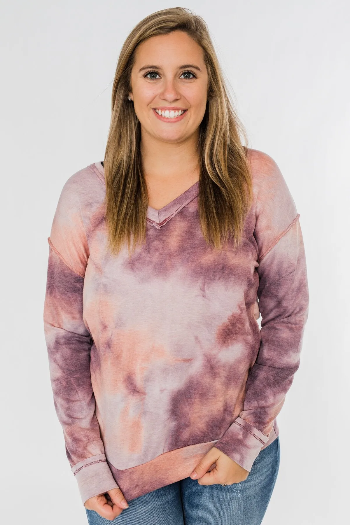 Heart Beats For You Tie Dye Pullover- Purple & Dusty Peach