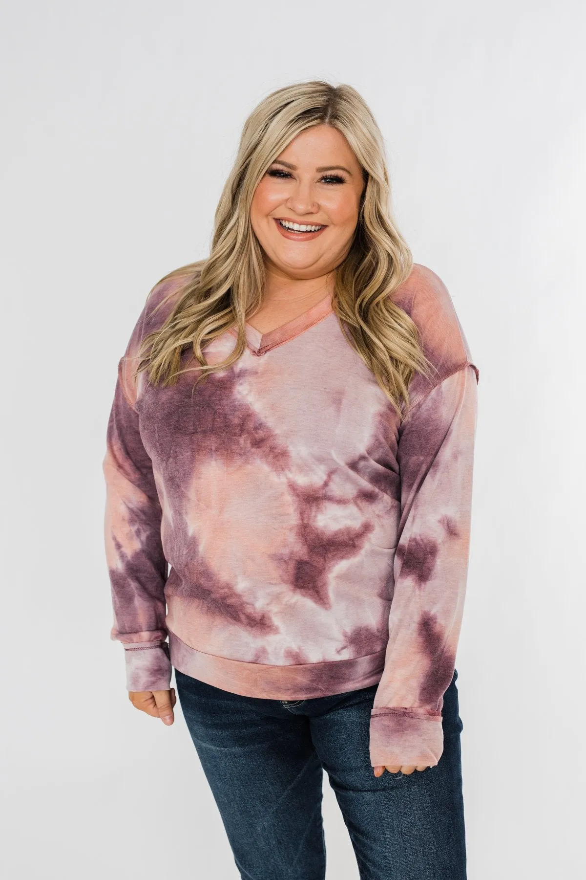 Heart Beats For You Tie Dye Pullover- Purple & Dusty Peach