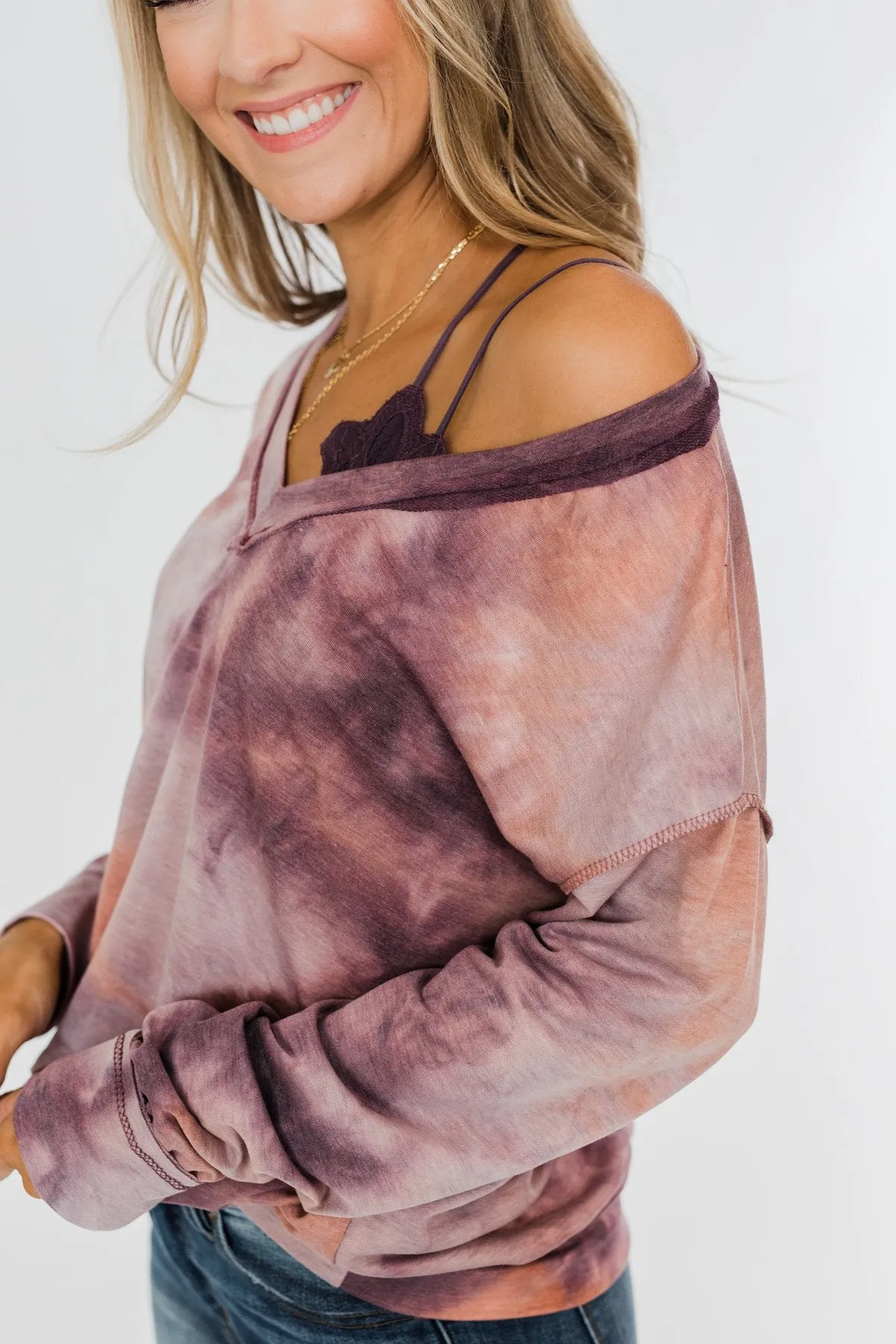 Heart Beats For You Tie Dye Pullover- Purple & Dusty Peach