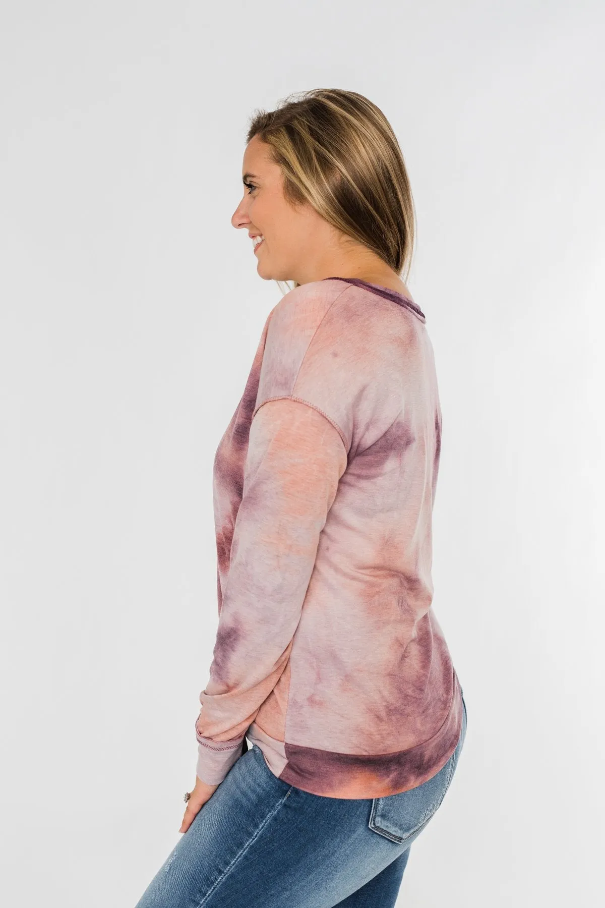 Heart Beats For You Tie Dye Pullover- Purple & Dusty Peach