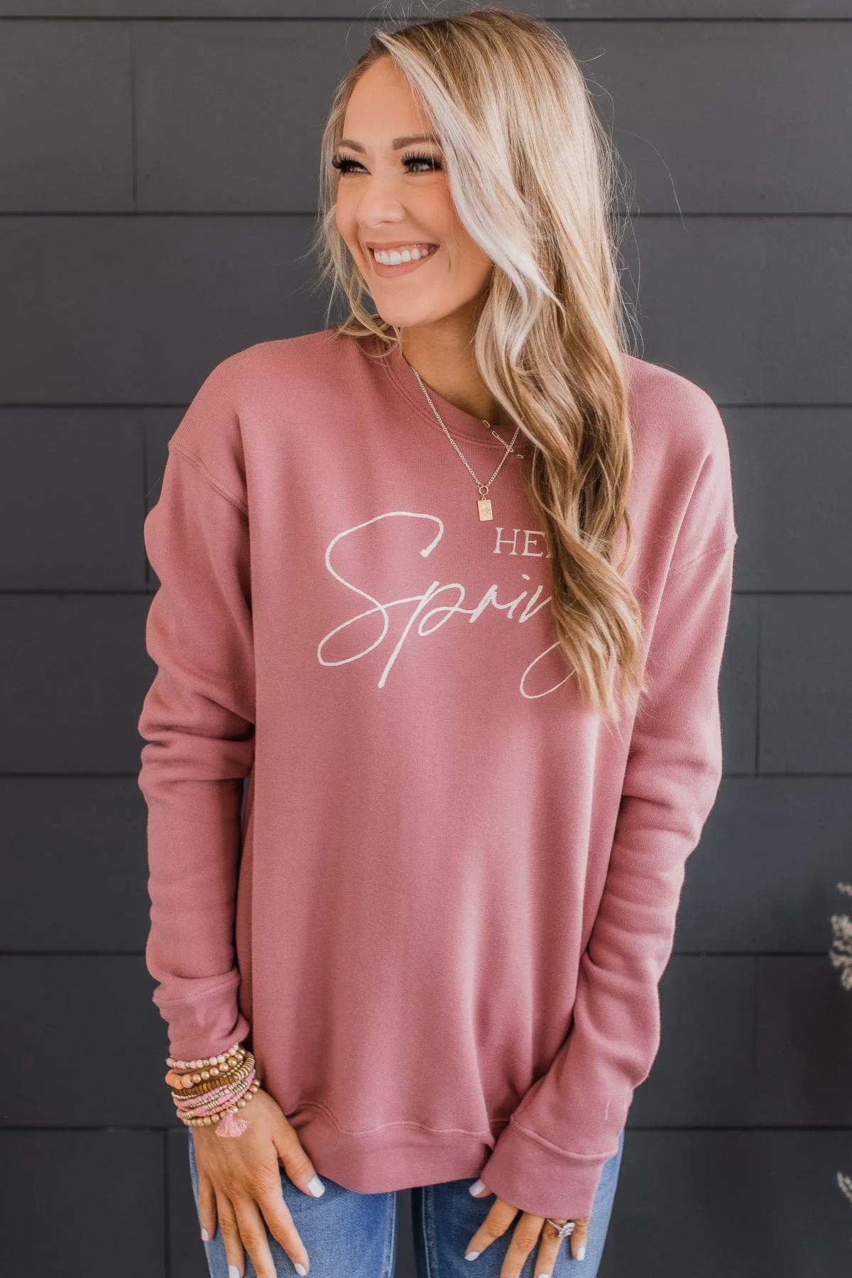 Hello Spring Graphic Crew Neck Pullover- Mauve