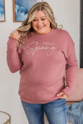 Hello Spring Graphic Crew Neck Pullover- Mauve