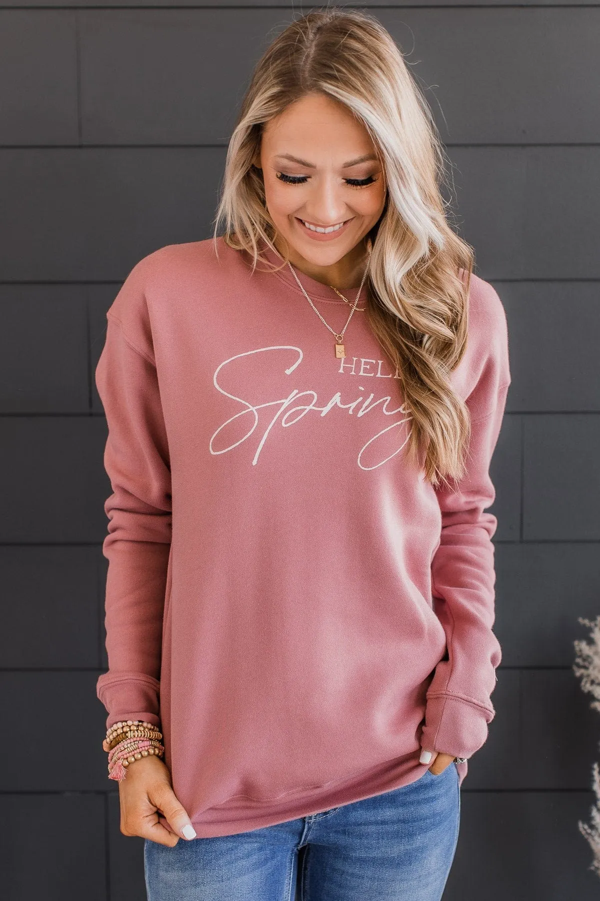 Hello Spring Graphic Crew Neck Pullover- Mauve