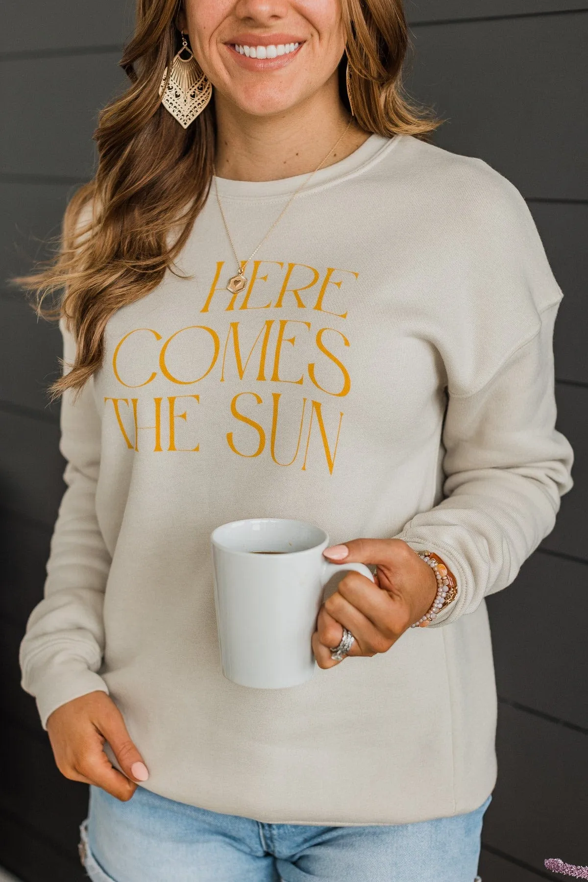 Here Comes The Sun Crew Neck Pullover- Beige