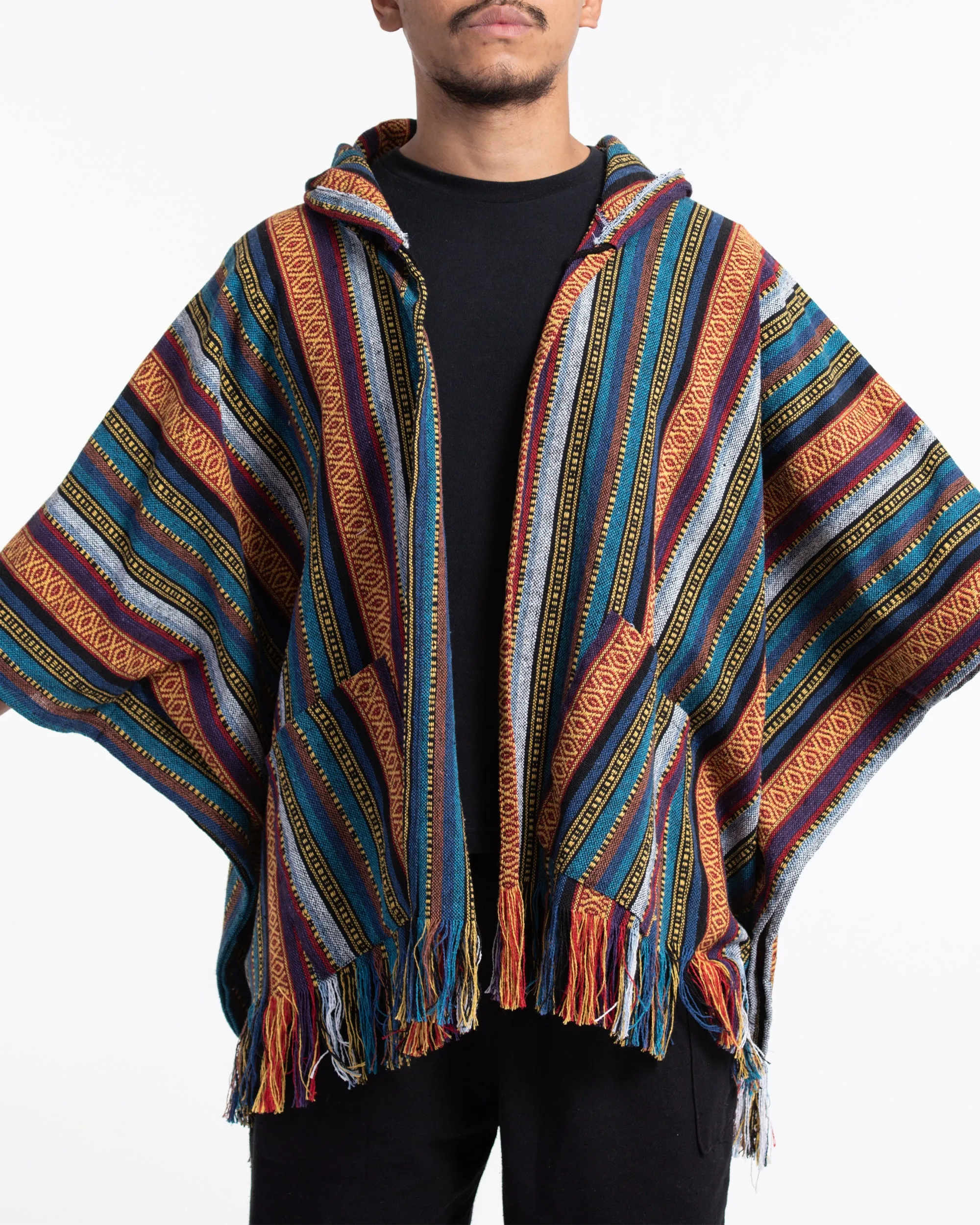 Hill Tribe Cotton Hooded Poncho Jacket in Blue Orange