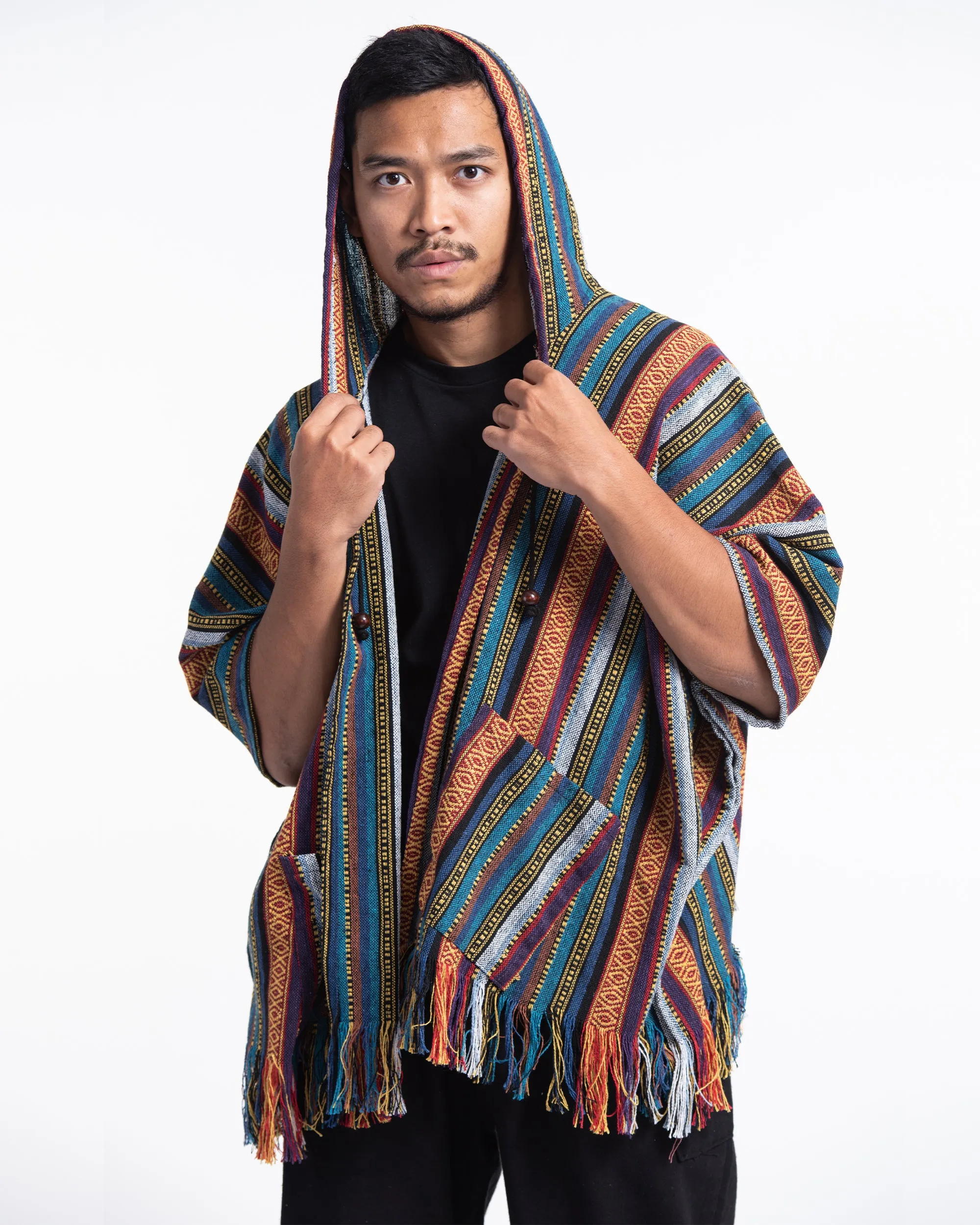 Hill Tribe Cotton Hooded Poncho Jacket in Blue Orange